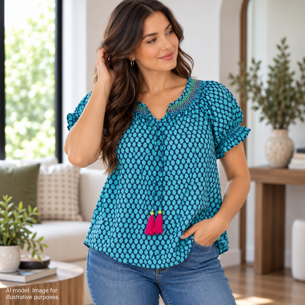 Fusion Shirt Womens Medium Blue Geo Smocked Tassel Elastic Bubble Hem Boho Chic